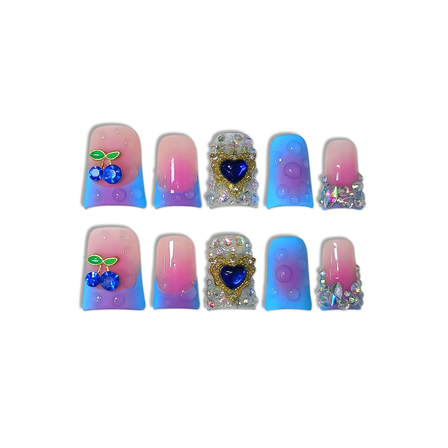 TENPAL Handmade French Tips Press on Duck Nails Kits - Icy Blue Purple Ombre Duckbill Nails with 3D Cherry Design, Acrylic Glossy Y2K False Nails for Women Girls Daily Parties(S)