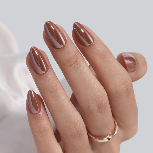Brown Press on Nails Short - SHANGMENG Soft Gel Almond Chrome Press on Nails for Women, Glossy Glue on Nails with Glue, 16 Sizes - 32 Reusable Fake Nails Kit, Molten Mocha