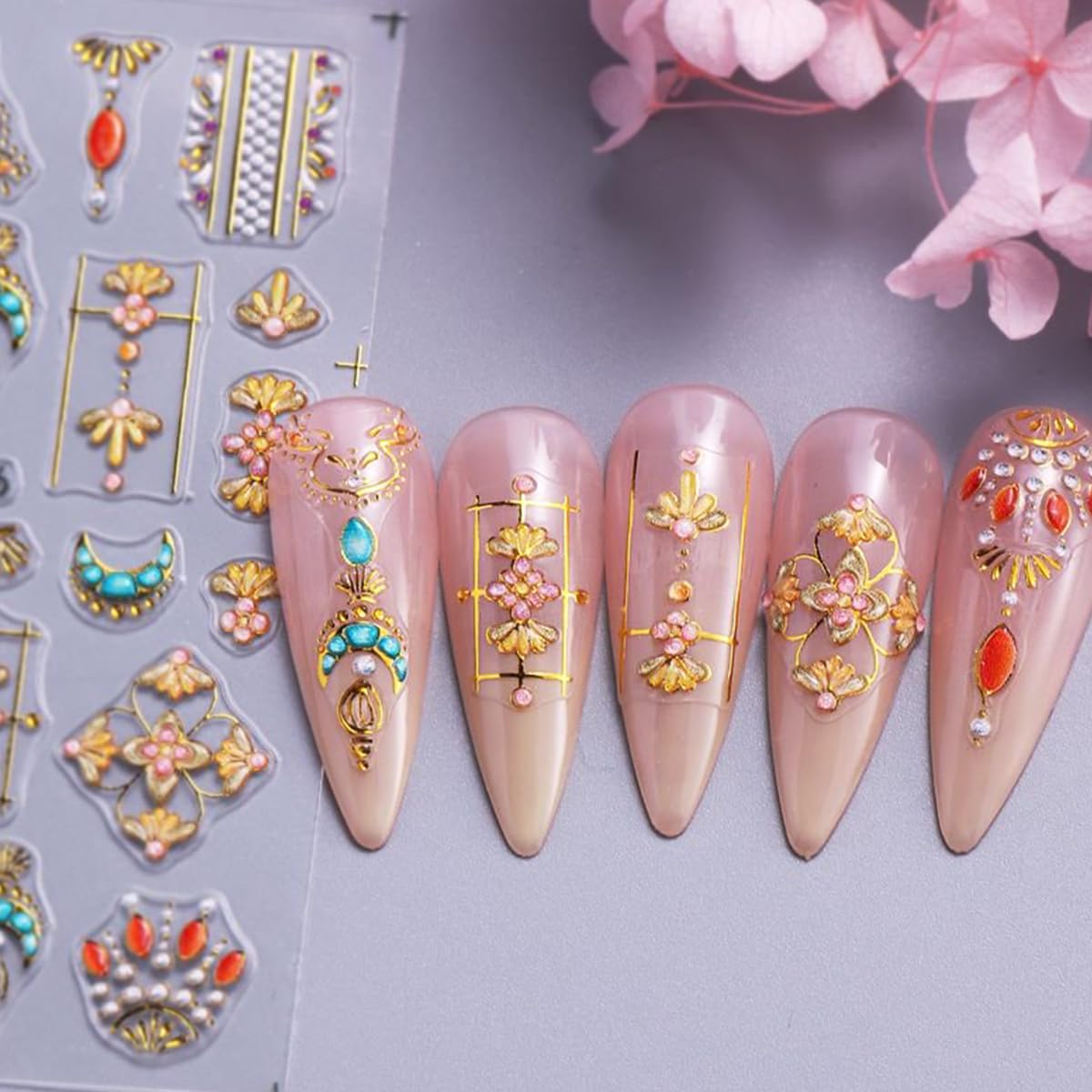 5D Embossed Star Sun Nail Art Stickers Flower Nail Decals Self-Adhesive Bohemian Style Nail Stickers Nail Designs Decoration for Women Girls Nail Art Supplies 2 Sheets