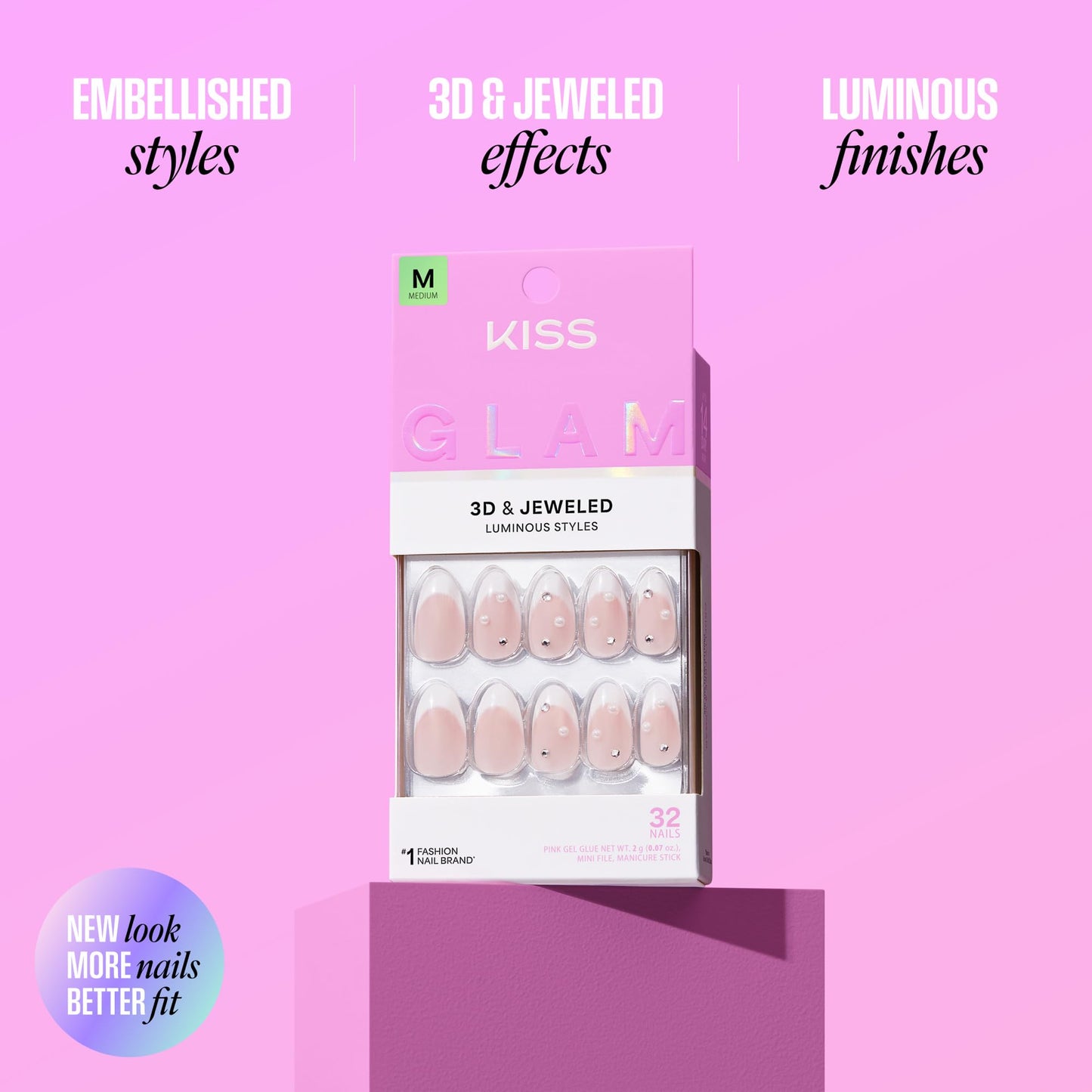 Kiss Glam, Press On Nails, Nail glue included, 'Wrapped in Beauty', Pink, Long Size, Square Shape, Includes 32 Nails, 2g Glue, 1 Manicure Stick, 1 Mini File