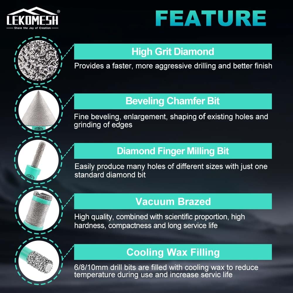 LEKOMESH Tile Hole Saw Kit for Porcelain - (6/8/10/35/50/65mm+Finger Bit+Drilling Milling +Chamfer Bit+Adapter+Tile Blade) Diamond Drill Bits for Ceramic Marble Brick Granite,5/8"-11 Thread