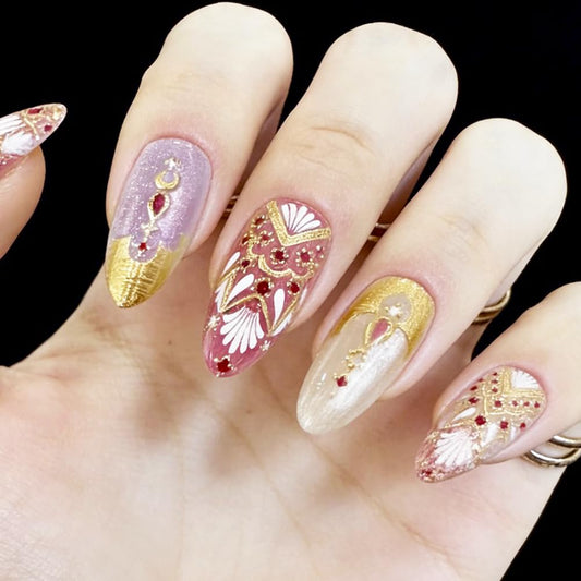 Redykat 30PCS Handmade Buccellati Press On Nails,Gold Chrome Press on Nails, Almond Salon Quality Nail art, Gold and Purple Cat Eye Gel Fake Nails (Golden Buccellati)