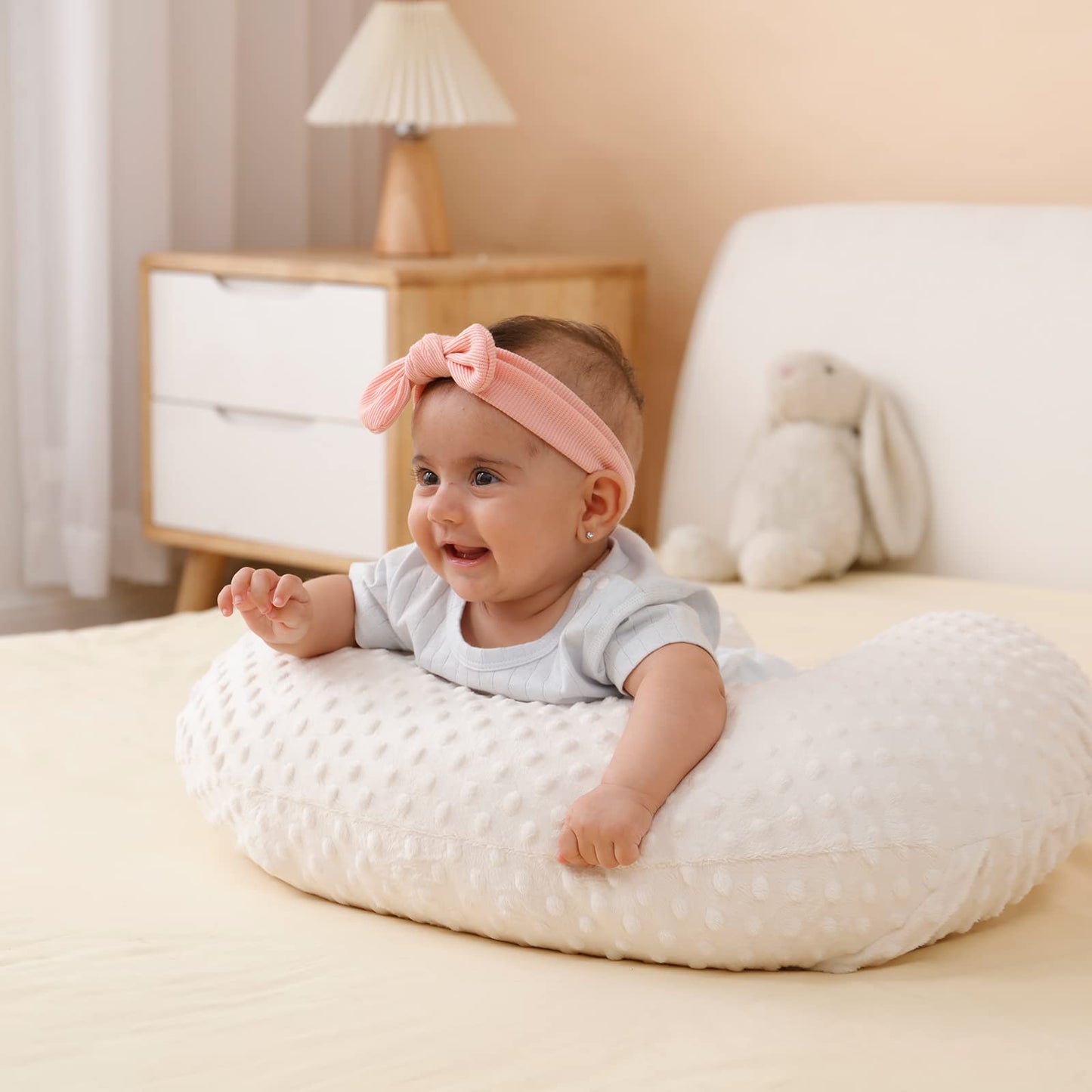 QUENESS Nursing Pillow and Positioner, Breastfeeding, Bottle Feeding, Baby Sitting Support with Removable Ultra Soft Cover, Tummy Time Support for Baby Boys and Girls (Beige)
