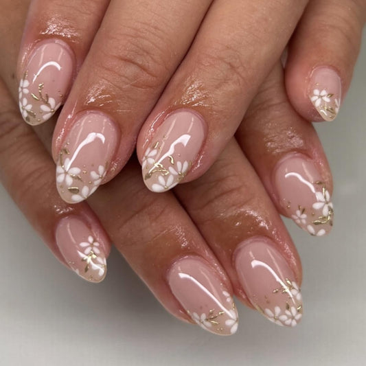Flower Press on Nails Short Almond Fake Nails Spring Nails Press ons with White Floral and Gold Leaves Design Reusable Artificial Nail Full Cover Stick on Nails for Women Manicure 24Pcs