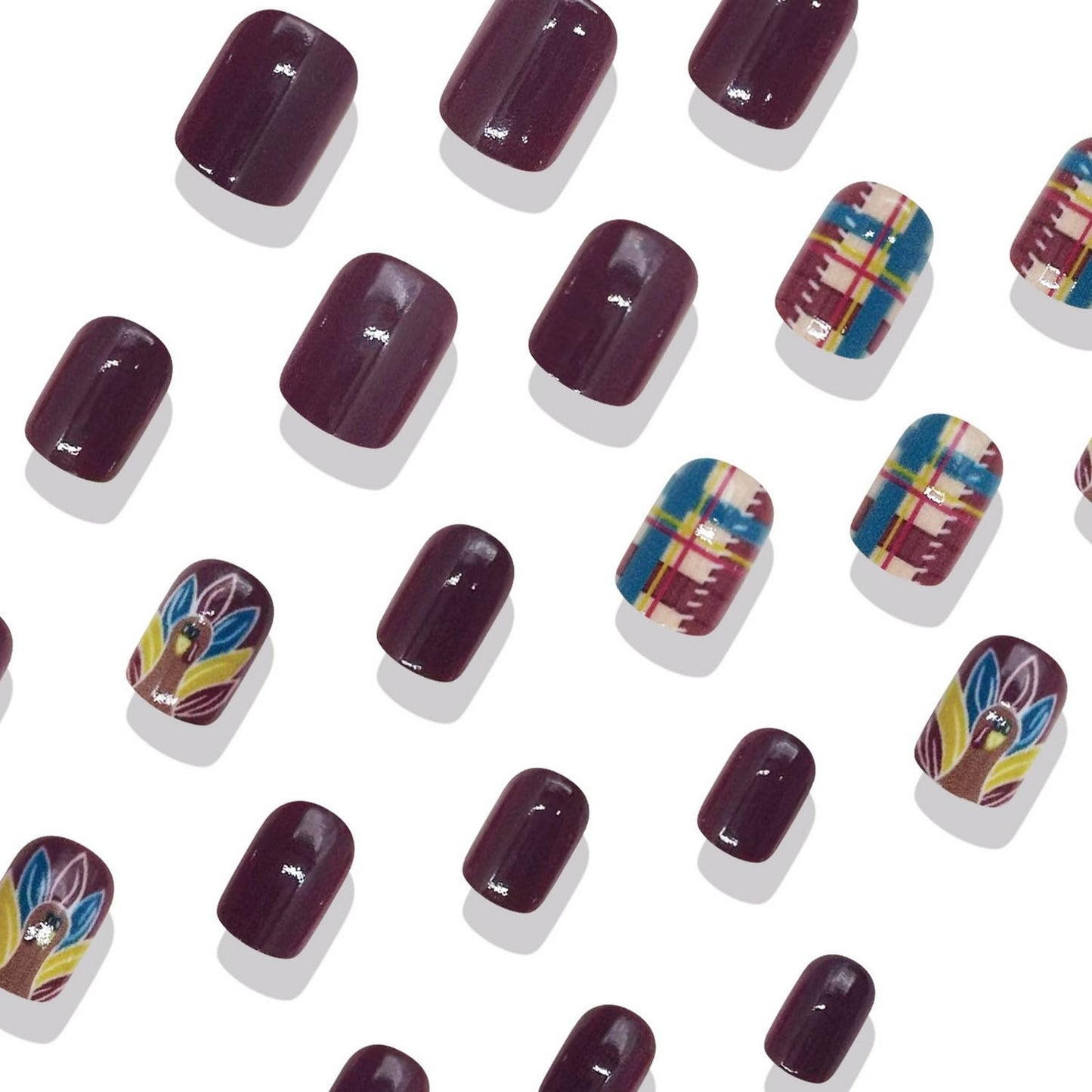 24pcs Thanksgiving Press on Nails Short Square Fake Nails Full Cover Brown False Nails with Stripe Grid designs Turkey Fall Glue on Nails Glossy Reusable Cute Acrylic Press ones for Women Girls Autumn