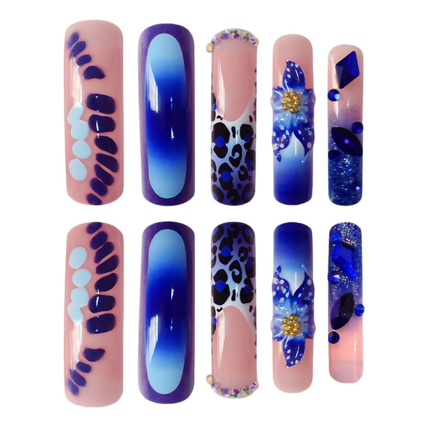 Curved Press on Nail Extra Long Square Fake Nails Blue Full Cover Rhinestones Leopard Print Flower designs French Tip Press ones Glossy Reusable Curve Glue on Nails for Women Girls Manicure24pcs