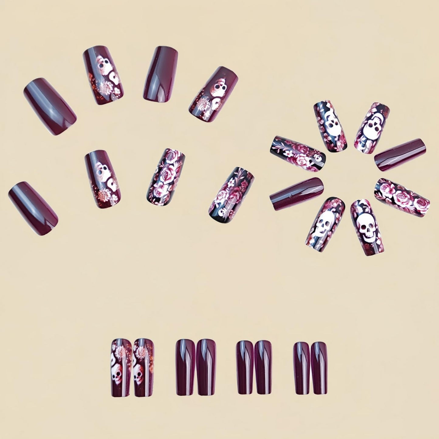Halloween Press on Nails Long Square Fake Nails Floral Stick on Nailss The Day of Dead False Nail with Skull designs Red Horror Glue on Nails Full Cover Acrylic Nail for Women Nail Supplies24pcs