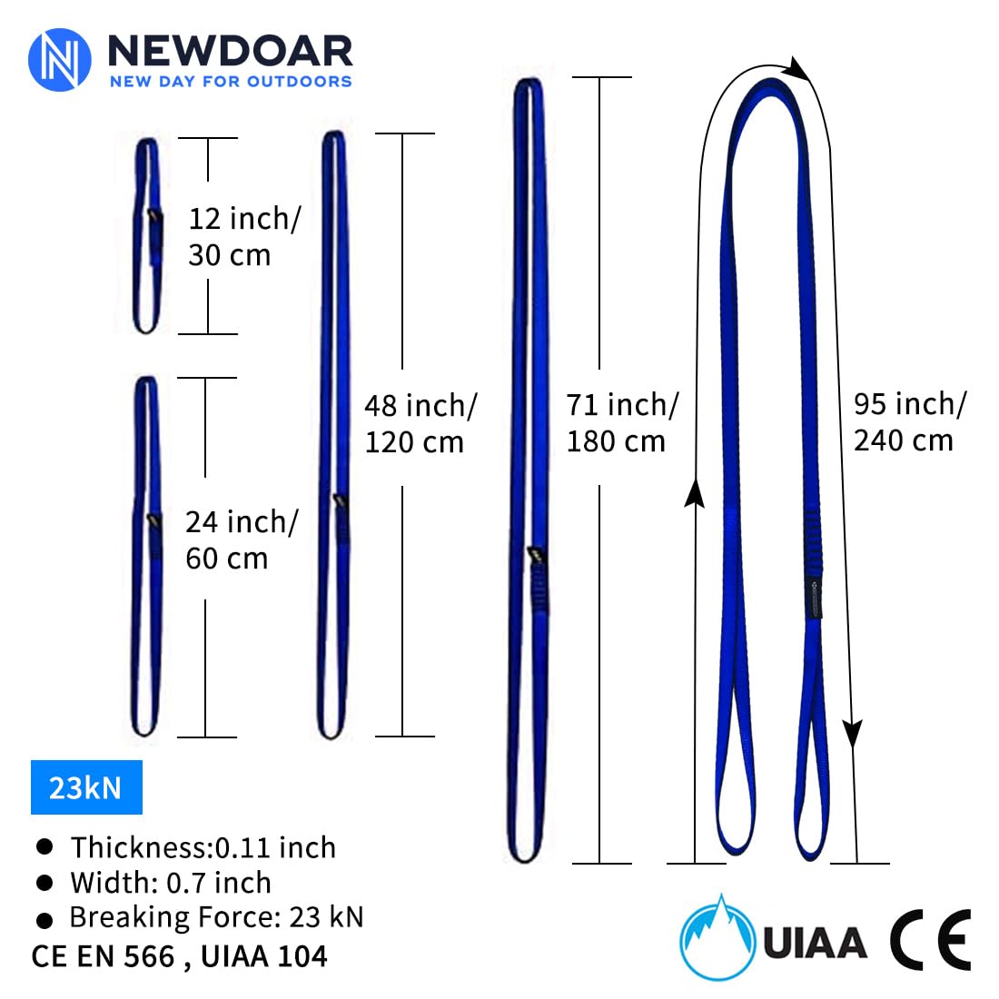 NewDoar 16mm Climbing Sling UIAA CE Certified,23KN EN566 Certified,Climbing Utility Cord Rock Climbing,Creating Anchors System,Rappelling Gear,Perfect for Tree Work(Blue 48" 1pcs)"