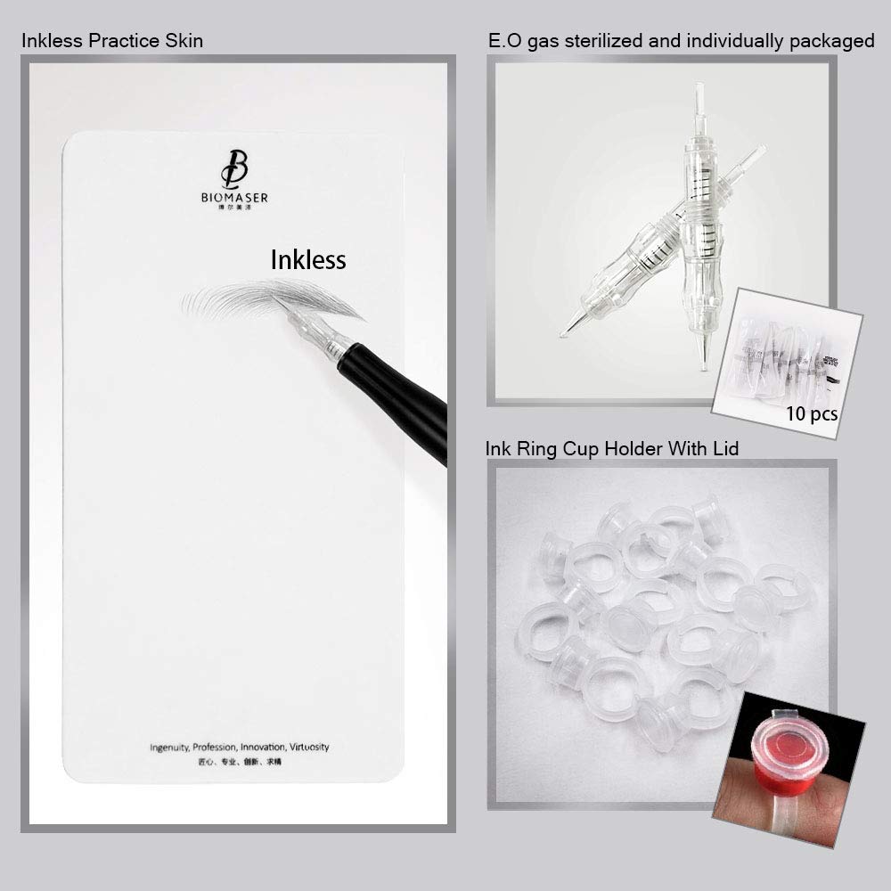 Permanent Makeup Tattoo Machine Kit-BIOAMSER P300 Permanent Makeup Kit with Foot Pedal Touch Control Power Supply Rotary Tattoo Machine Pen Practice Skin 2 Microblading Inks 10pcs Cartridge Needles
