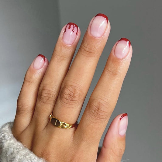 Halloween Press on Nails Short Square Fake Nails Blood French Tips Acrylic Nails Squoval False Nails with Designs Bleed Wound Glue on Nail for Women Girls Nail Decoration 24Pcs