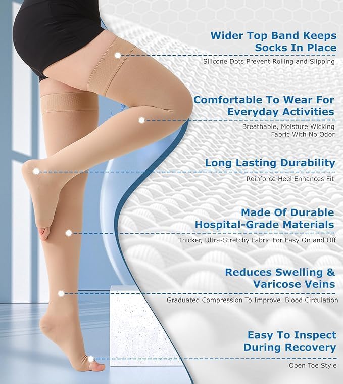 MGANG Medical Thigh High Compression Stockings for Men & Women, Pair, Open Toe, 20-30 mmHg Graduated Compression Support Hose, Opaque, Best for Varicose Veins, Edema, Flight, DVT, Swelling, Beige XXL