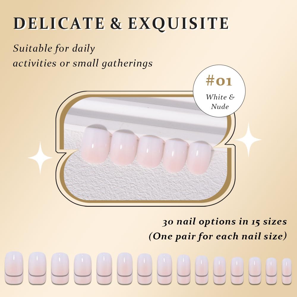 evpct Ombre White to Nude Press on Nails Extra Short, Petite Short Square Glossy Stick on Nails for Women Gift with Manicure Kit, Reusable Soft Gel Stick on Fake Nail with Ombre Designs Perfectly Fit