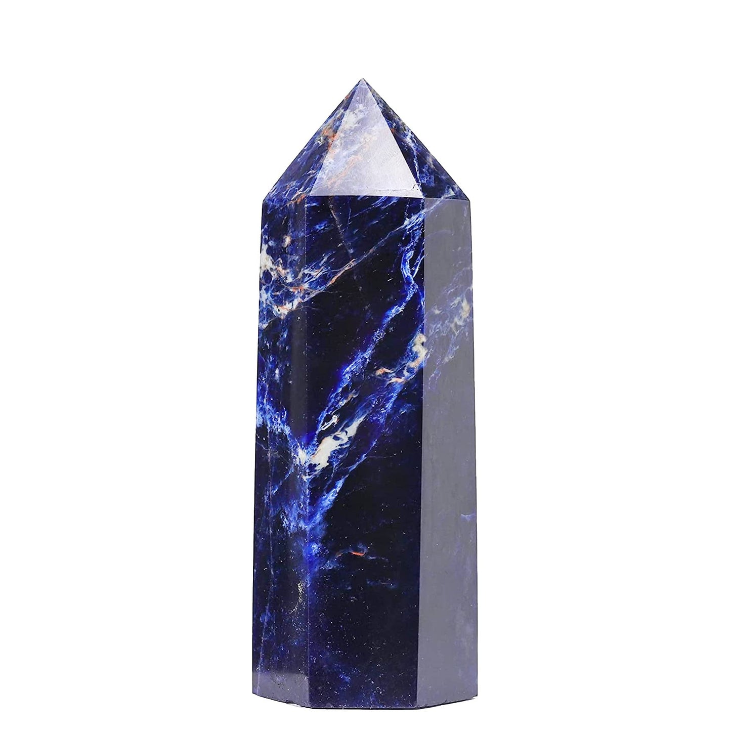 Runyangshi Large Sodalite Natural Healing Crystal Wand 4.72"-5" Blue-Veins Stone Quartz Tower 6 Faceted Single Point Crystals Prism Wand for Meditation Reiki Chakra Therapy Home Decor Gift