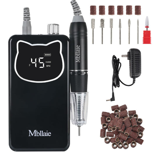 Professional Nail Drill File 45000RPM Electric Portable Nails Drills Kit with Rechargeable 7 uñas Bits Cordless Efile for Poly Gel Acrylic Nails Remover Home Salon Pedicure Manicure Tool (Black)