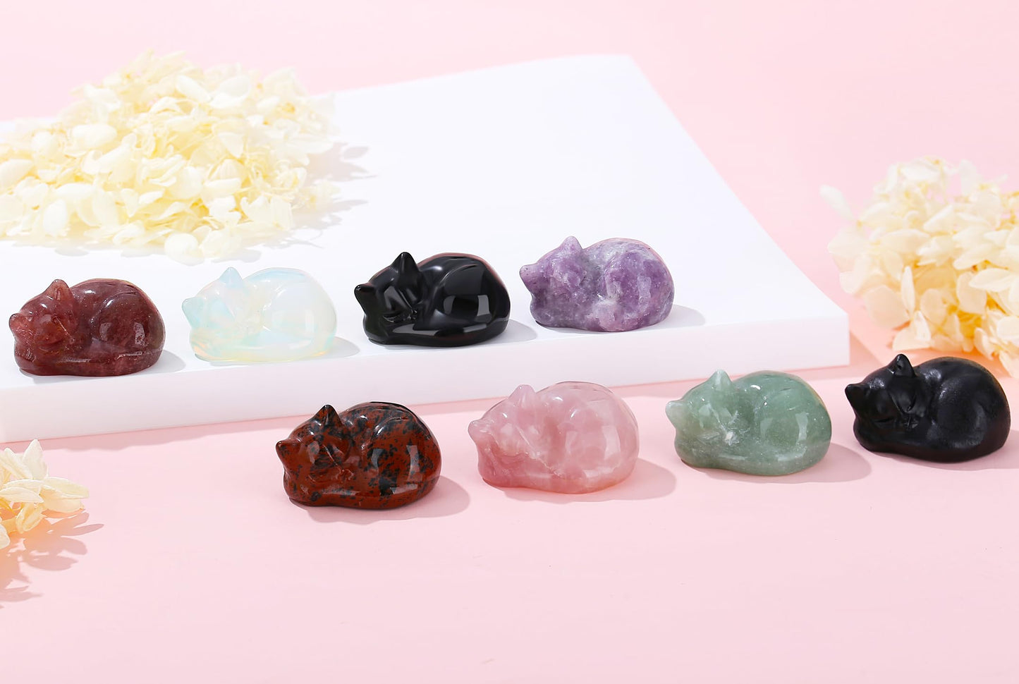 YATOJUZI 2" Cat Decors Statue Red Obsidian Crystals Sleeping Cats Gemstone Hand-Carved Cute Animal Statues Figurine Stones Room Home Office Desk Decor Lucky Reiki Kitten Ornaments Gifts for Women Men