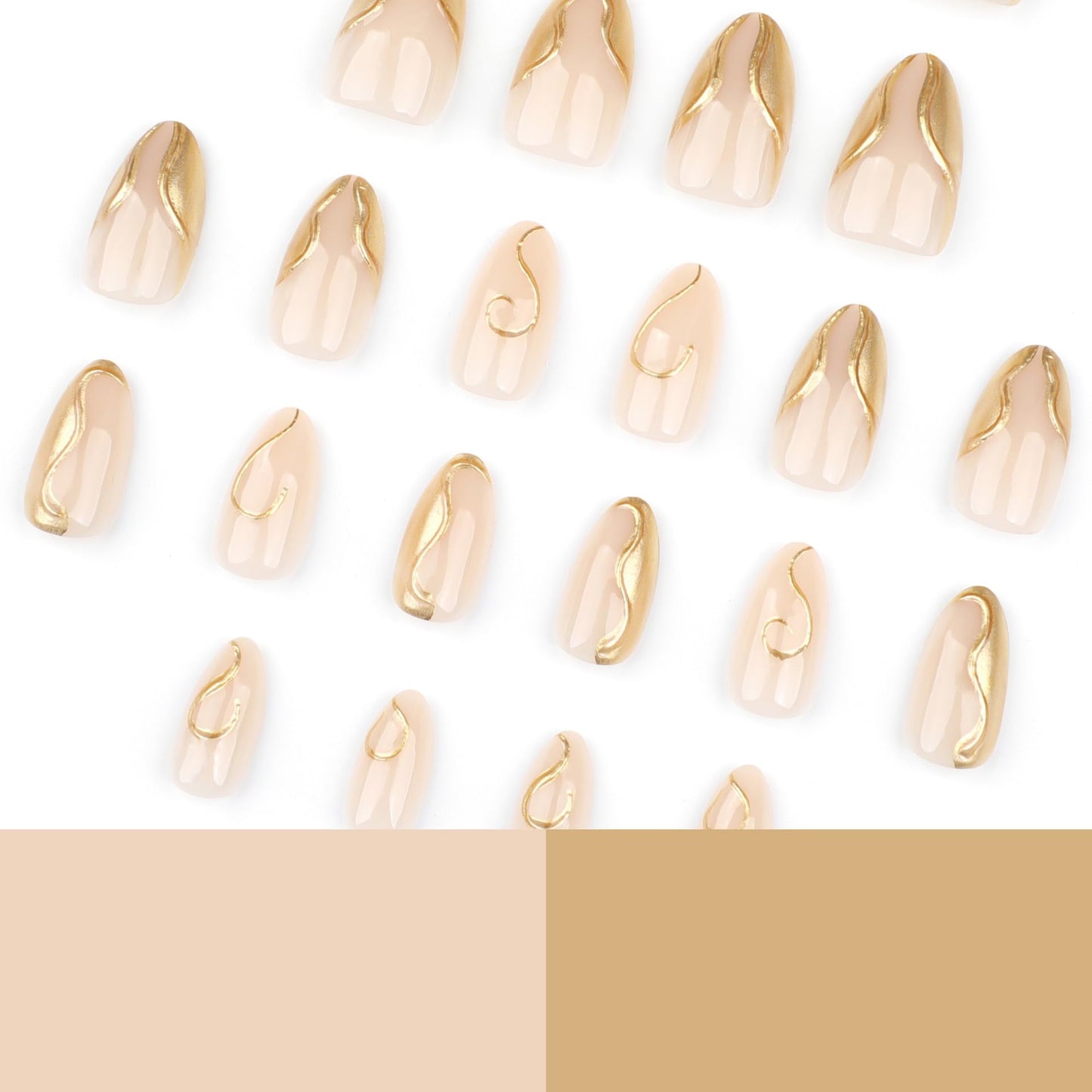 Almond Press On Nails Short Fake Nails Nude False Nails With 3D Gold Irregular Design Full Cover Acrylic Glue On Nail Glossy Stick On Nail Kit For Women DIY Manicure 24 Pcs