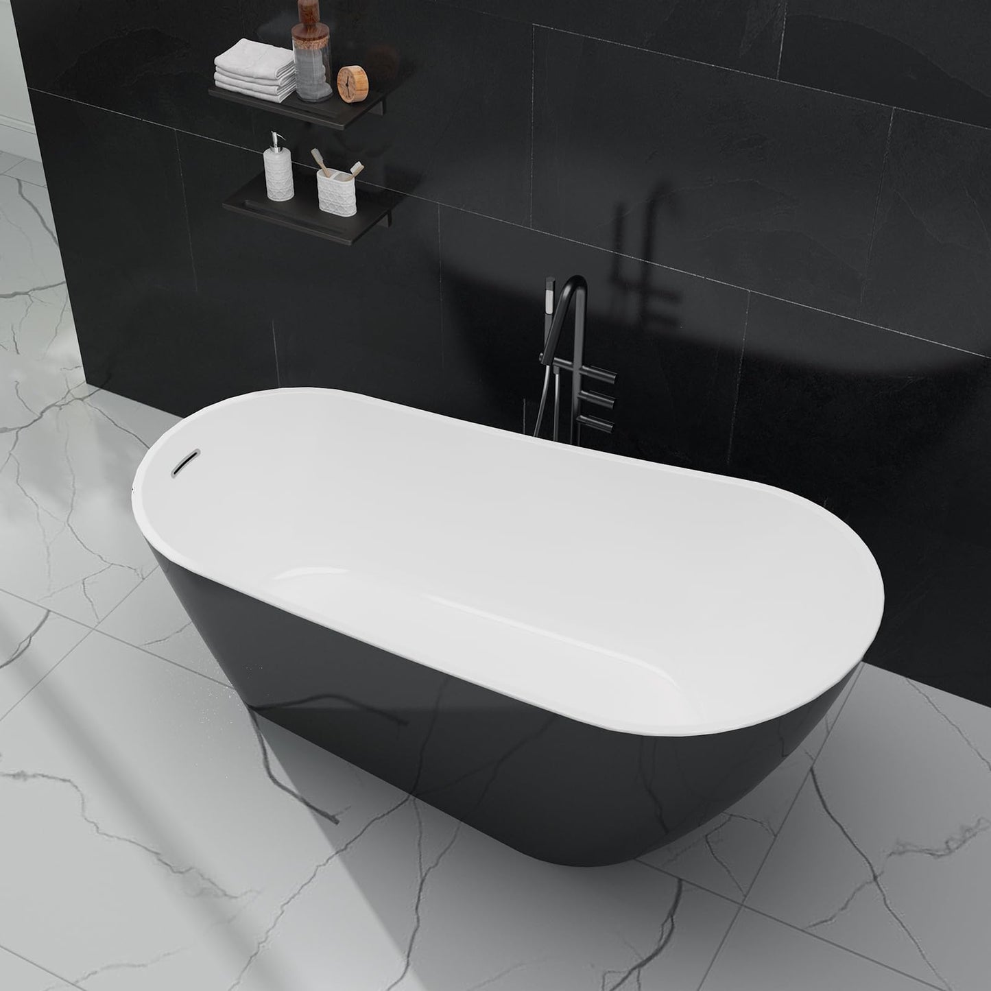 59-Inch Acrylic Freestanding Soaking Bathtub, Deep Standalone Tub with Chrome Drain & Overflow, Black & White Modern Design for Small Bathroom Remodel and Spa