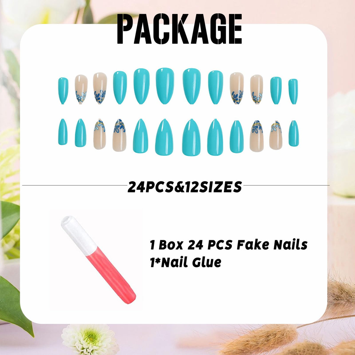 IMSOHOT Press on Nails Medium Almond Fake Nails with Blue Flower Design Glossy Gel False Nails Full Cover Artificial Acrylic Glue Stick on Nails for Women Manicure Kit 24Pcs