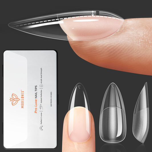 modelones Pro Luxe Instant Nail Apex Tips 15 Sizes, Medium Almond Extension Gel Tips Pre-building & Pre-etched Thicker Strength Acrylic Fake Nails Full Cover 120 Pcs