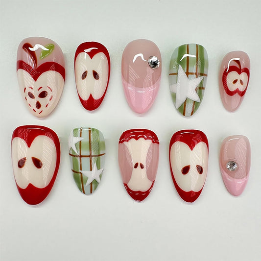 30pcs Almond Press on Nails Medium Fake Nails Pink French Tip Glue on Nails with 3d Rhinestones Designs Cute Apple Full Cover False Nails Green Plaid Star Artificial Stick on Nail Decoration for Women