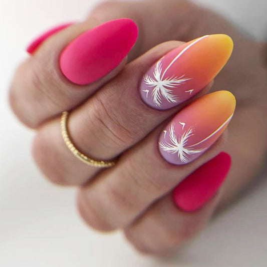 Palm Tree Press on Nails With Sunset Ocean Design, Medium Oval False Nails, Matte Pink Ombre Fake Nail Coconut Glue on Nail, Beach Stick on Reusable Acrylic Fingernails for Women Summer Daily Wear