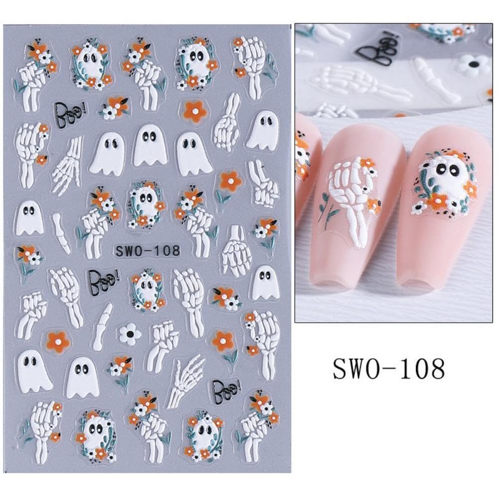 4 Sheets 5D Embossed Halloween Nail Stickers Cute Ghost Pumpkin Nail Art Stickers 3D Self-Adhesive Cat Nail Designs Flower Skeleton Holiday Spider Web Bandage Nails Supplies for Women Girls DIY