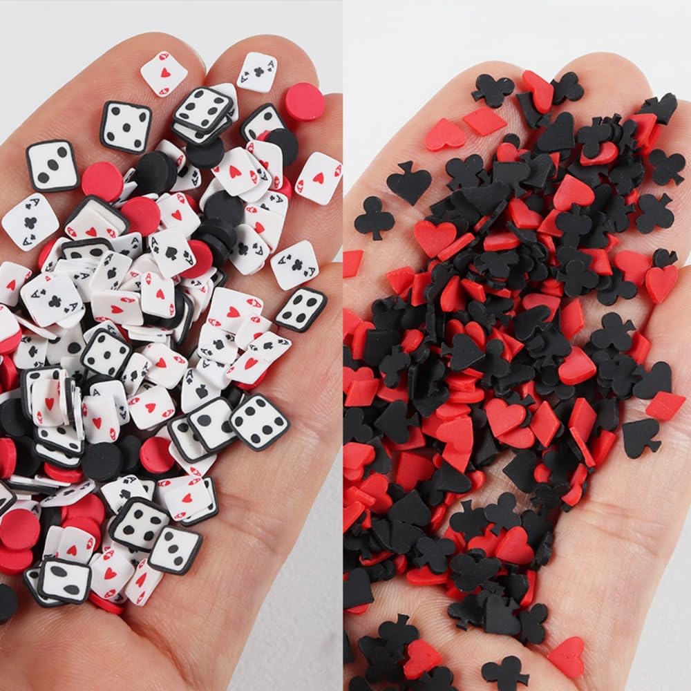 1 Box Holographic Poker Nail Charms Red Black White Peach Hearts Nail Sequins 3D Dice Nail Flakes Sparkly Powder Flakes Shiny Nail Glitter Playing Card Nail Sequins Glitter for Nails Art 6 Grids