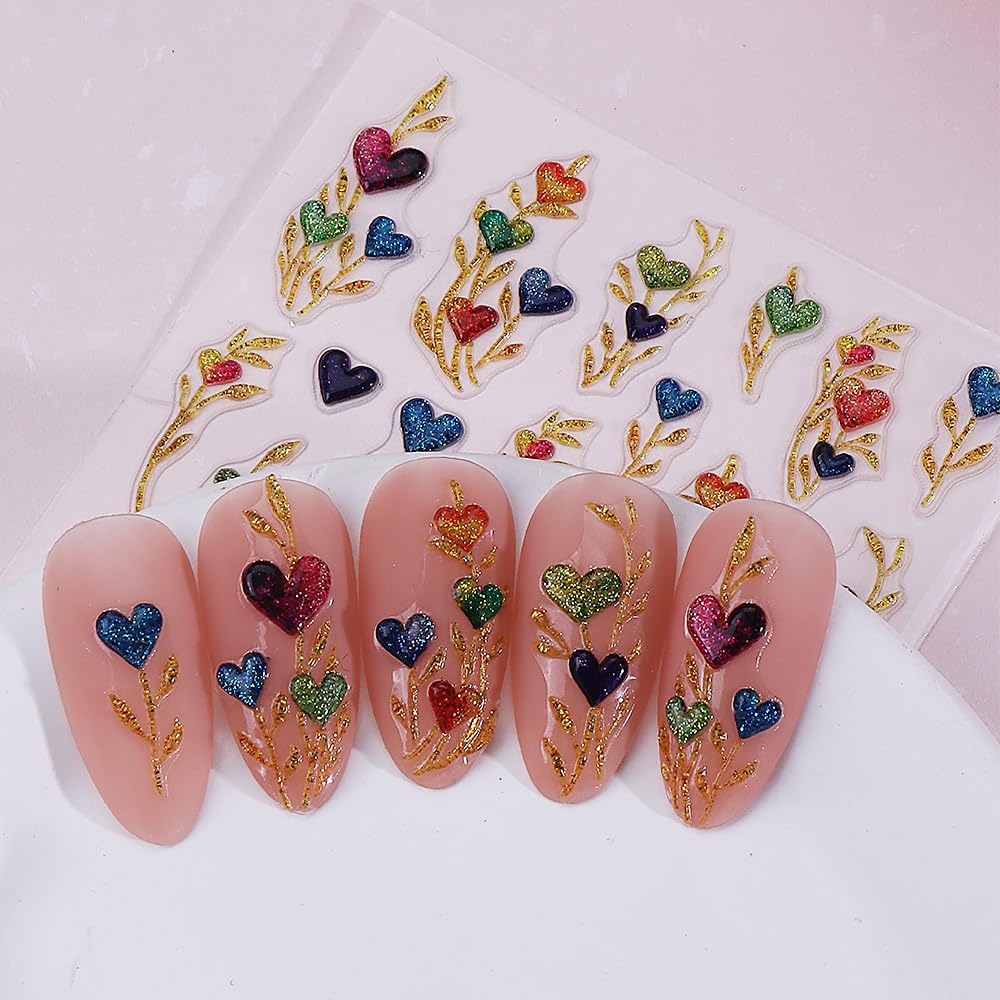 3 Sheets Flower Nail Stickers for Nail Art Spring Nail Decals 5D Self-Adhesive Coloful Floral Heart Nail Design Summer French Line Nails Supplies for Women Girls DIY Nail Art Decor