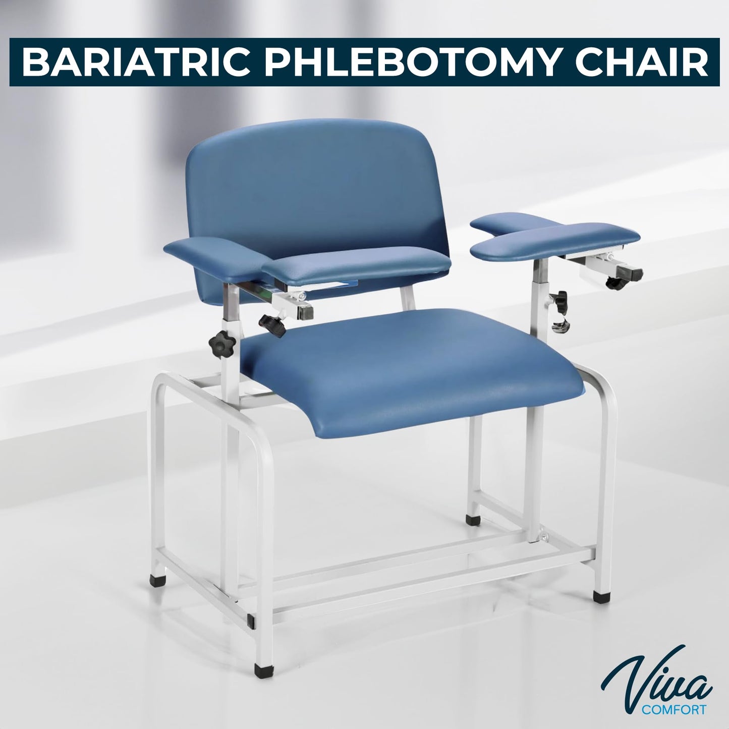 VivaComfort Blue Bariatric Wide Padded Blood Drawing Chair, Phlebotomy Chair with Adjustable Armrest, 35" H x 18" L x 29"W, Blood Draw Chair, Medical Chair, Great for Mommy and Me