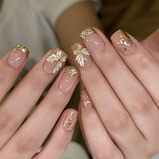 Short Square Press on Nails Gold Fake Nails Butterfly False Nails with Design Glossy Short Nail Press ons Full Cover Acrylic Nails for Women 24Pcs