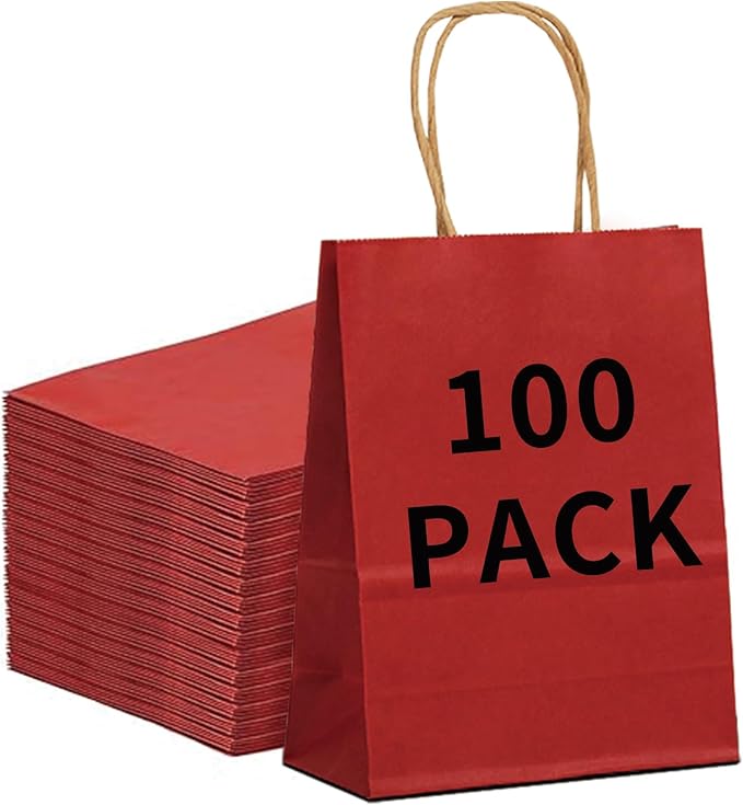 BAG BOX 100 Pack Small 5.9 * 3.2 * 8.3 Inch Inch Red Kraft Paper Gift Bags with Handles for Bulk Shopping, Retail, Craft, Party Favors, Wedding, Grocery & Sacks