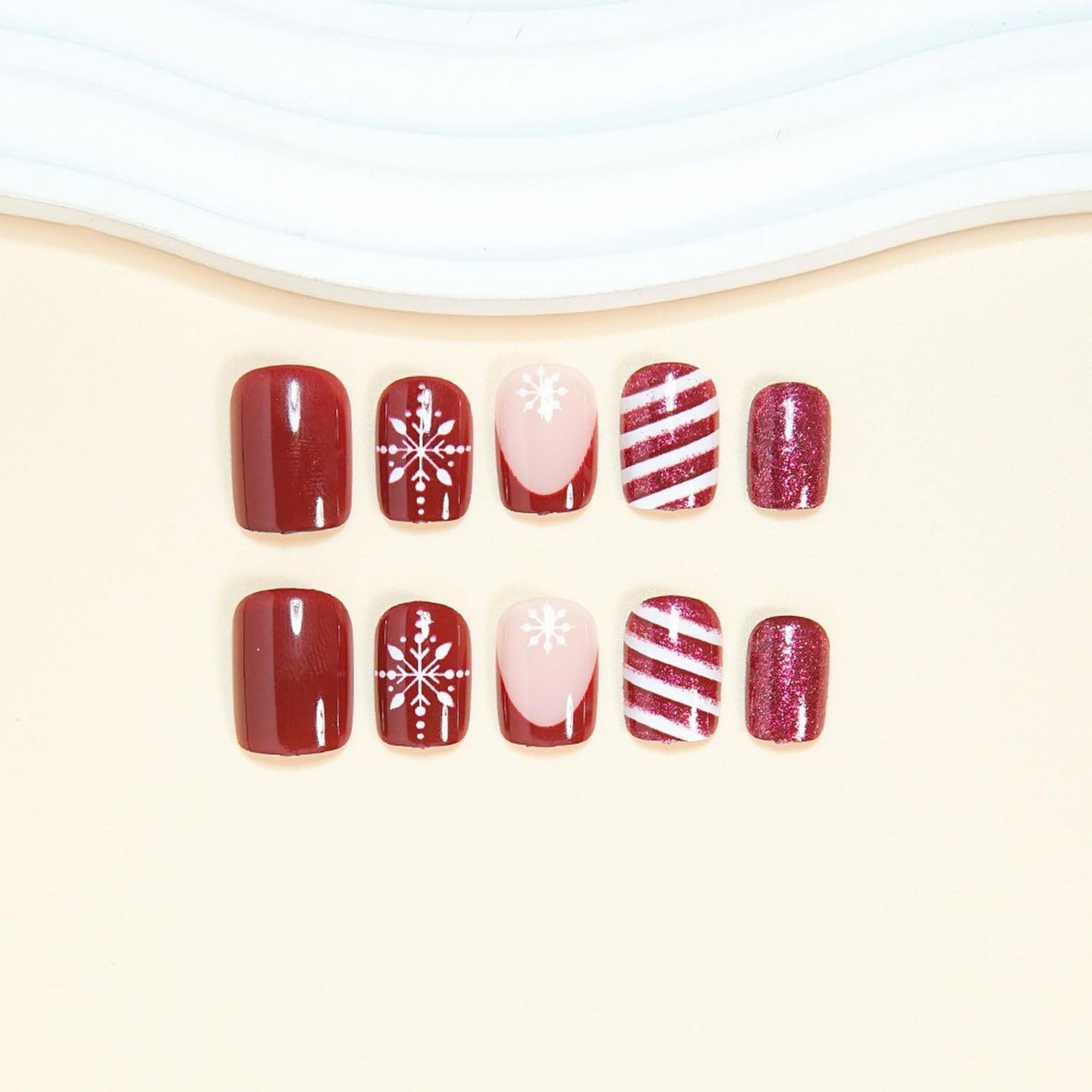 24 Pcs Christmas Press on Nails Short Square French Fake Nails White and Red Stripes Designs Winter Snowflake False Nails Full Cover Red Glitter Stick on Nail Sparkly Acrylic for Women