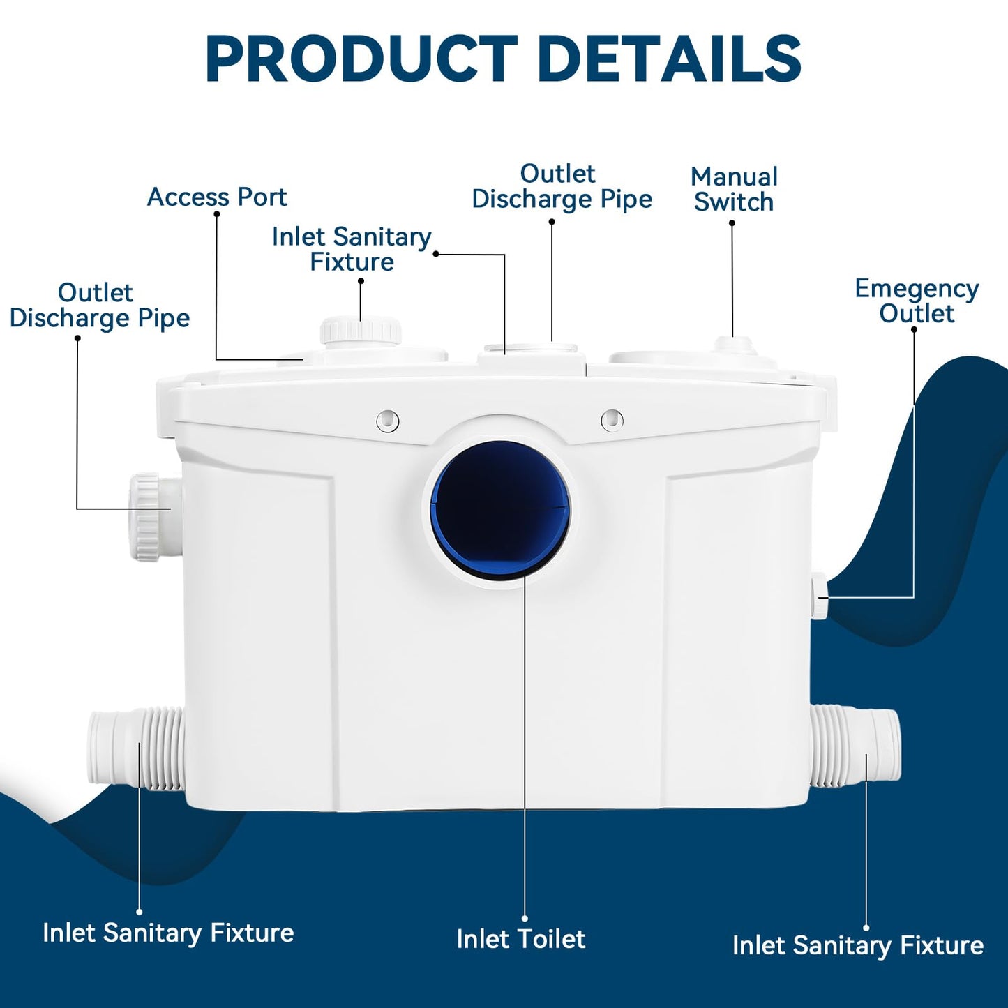 1200W Macerator Pump with PCB Function Toilet Pump Utility Sink Pump Upflush to 39.4FT 2800GPH Macerating Toilet System with 5 Water Inlets 2 Outlets for Toilet Sink Shower Laundry Kitchen Basement