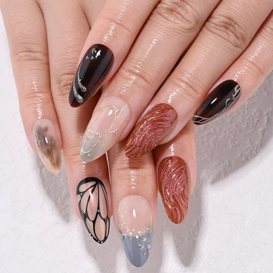 evpct 3D Press on Nails Short Almond No Glue with Design, 3D Wave Blue French Tip Stick on Nail for Women, Reusable Full Cover Press on Fake Nail Perfectly Fit with Butterfly Wing Gold Line Design