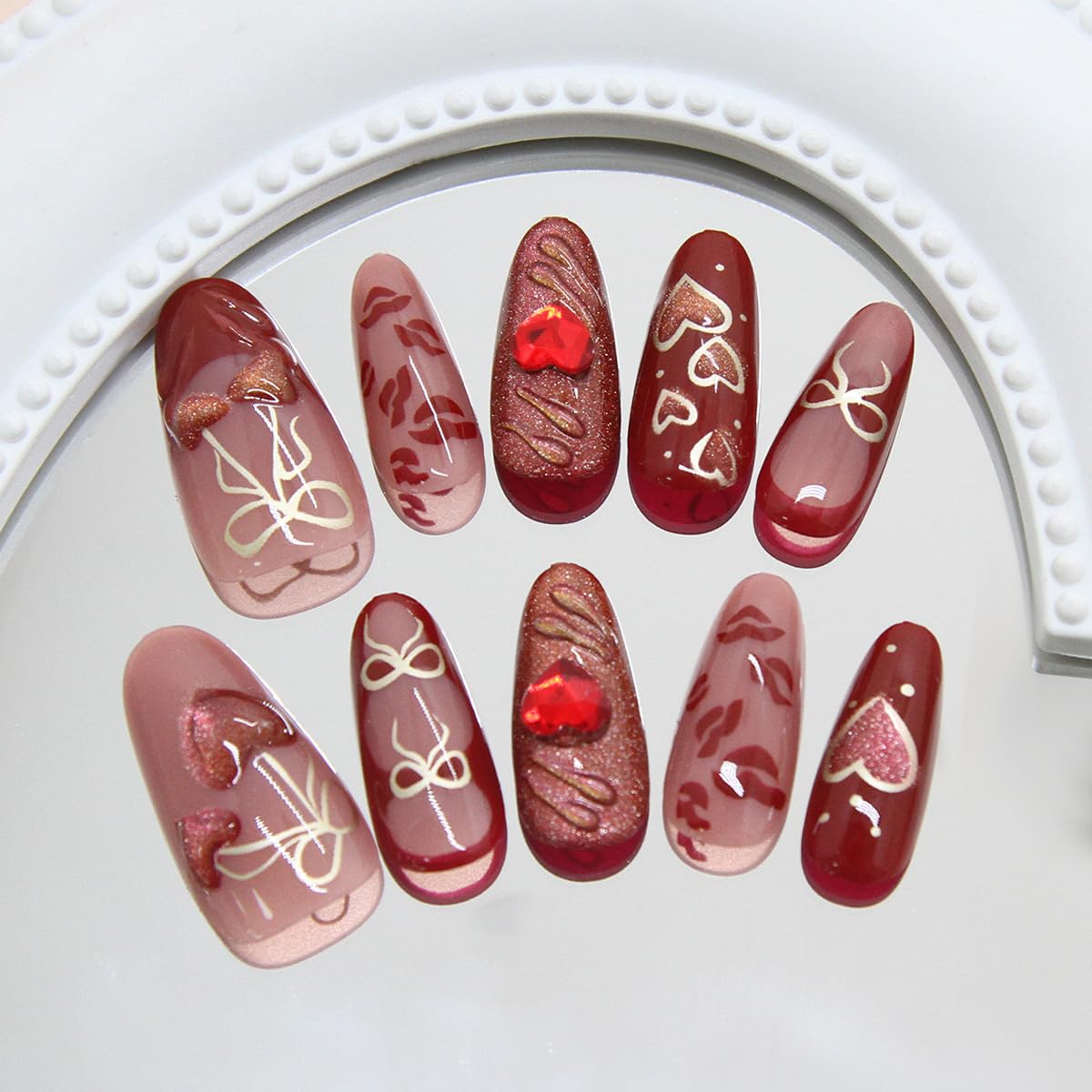 30Pcs Red Heart Press on Nails Medium Almond French Tip Fake Nails with Cute Openwork Bow Cherry Designs Sexy Lips Full Cover Acrylic Stick on Nail Romantic Valentines False Nails for Women DIY Kit