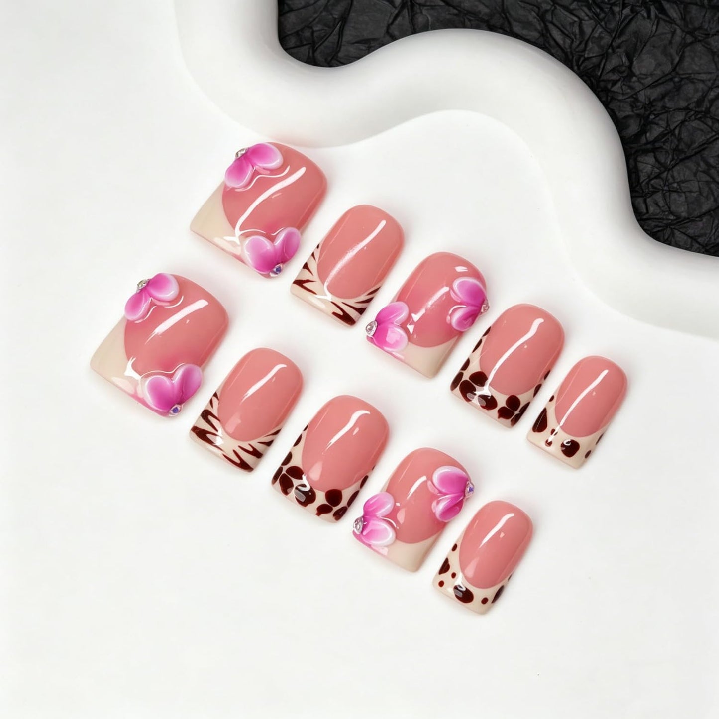 Luxury Handmade Press on Nails Pink White Gradient 3D Flower Fake Nails Stylish Short Square with Classic Leopard French Tip False Nail Thick Muti-Layer Gel Acrylic Stick on Nails for Women (M)