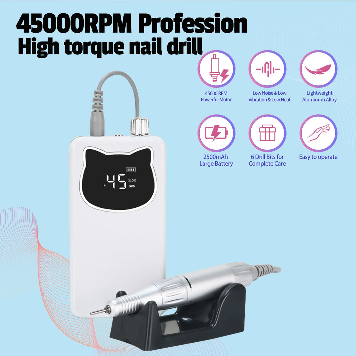 Professional Nail Drill File 45000RPM Electric Portable Nails Drills Kit with Rechargeable 7 uñas Bits Cordless Efile for Poly Gel Acrylic Nails Remover Home Salon Pedicure Manicure Tool (White)