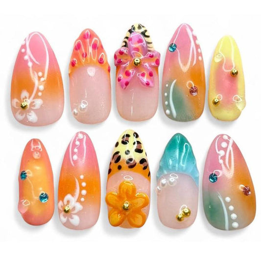 24pcs Handmade Press on Nails Summer Pink Flower Fake Nails French Tip Rhinestones Design Hawaii False Nails beach Short Stick on Nails Full Cover Artificial Glue on Nails for Women Summer Kit
