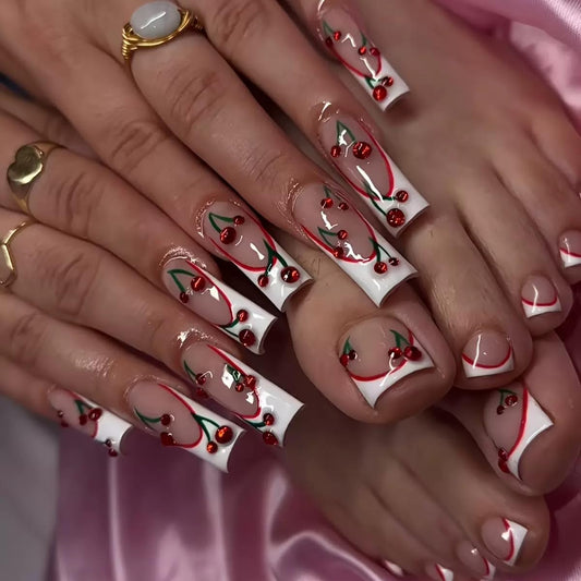 CTTHNBD Square Press on Nails Long & Press on Toenails Set, White French Tip Fake Nails with Cherry Design - for Women 48 Pcs