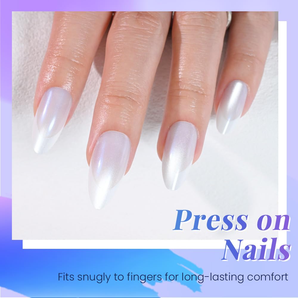 evpct Pearl Cat Eye French Tip Press on Nails Almond Medium No Glue, White French Tip Medium Almond Holographic Stick on Nails for Women, Reusable Full Cover Soft Press on Nail Perfectly with Design