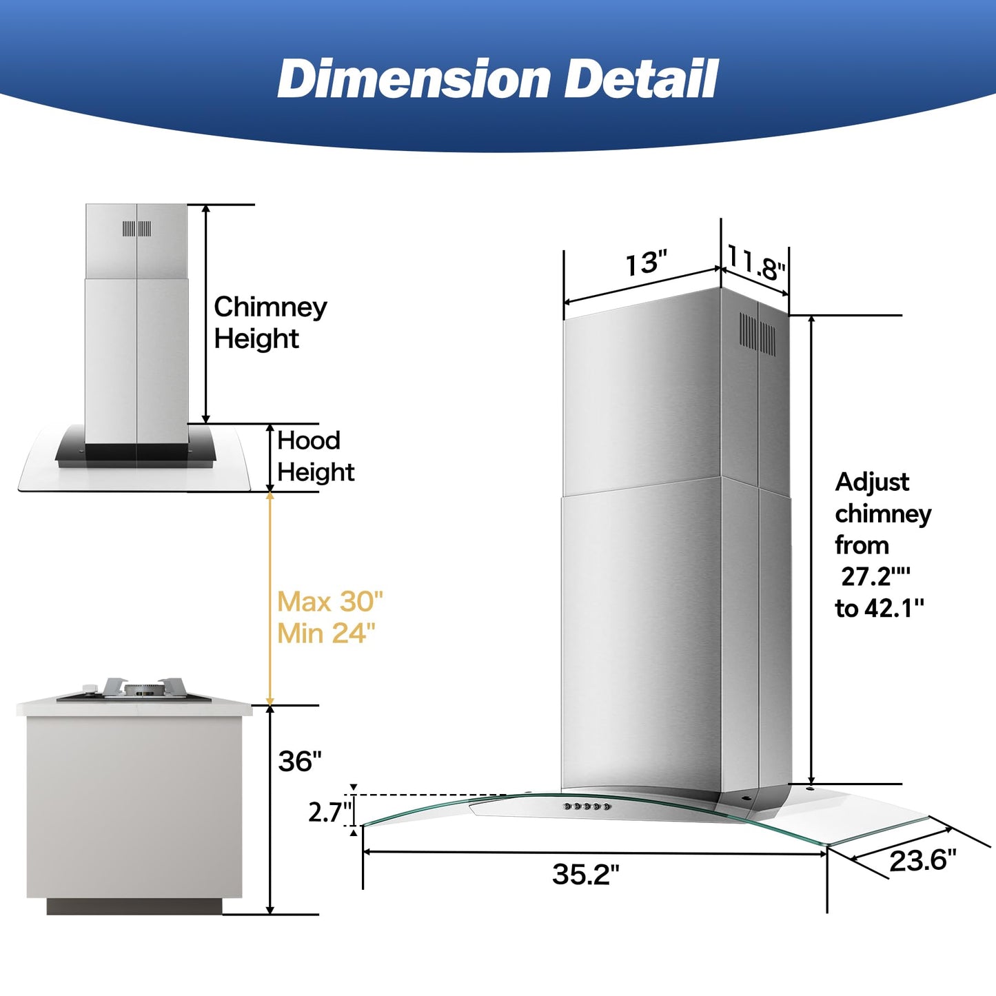 Tieasy 36 inch Island Range Hood 700 CFM Ceiling Mount Hood Stainless Steel Stove Vent Hood with Tempered Glass, Push Button Controls, Mesh Filters