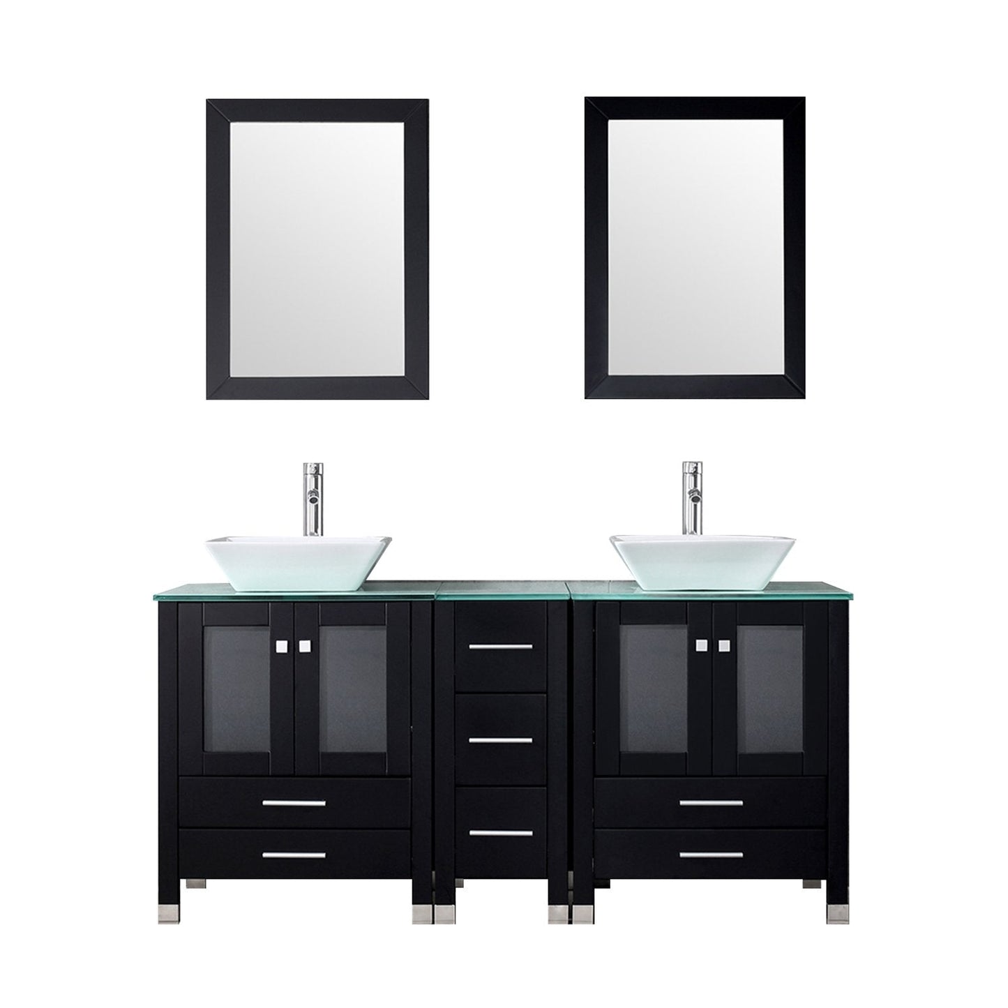wonline 60" Black Double Wood Bathroom Vanity Cabinet and Square Ceramic Sink w/Mirror Combo Wash Basin with Faucet