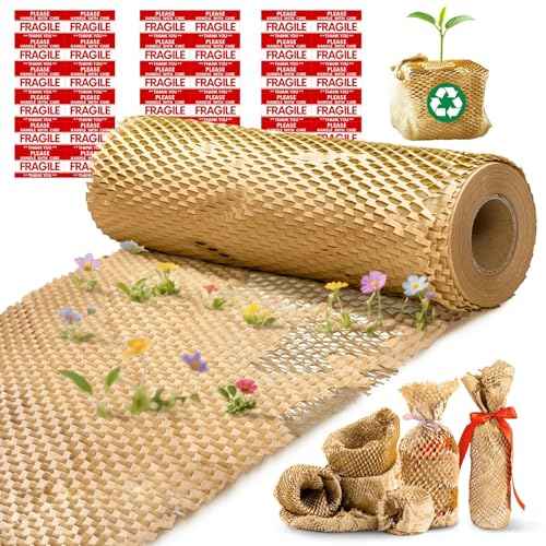 Honeycomb Packing Paper, 12"x200' Brown | Perforated Honeycomb Packing Paper Recyclable Moving Supplies for Shipping & Moving | Plastic-Free Alternative to Bubble Cushion Wrap with 36 Fragile Stickers