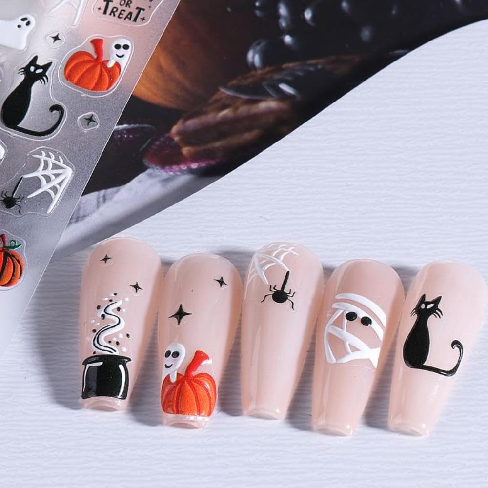 4 Sheets 5D Embossed Halloween Nail Stickers Cute Ghost Pumpkin Nail Art Stickers 3D Self-Adhesive Cat Nail Designs Flower Skeleton Holiday Spider Web Bandage Nails Supplies for Women Girls DIY
