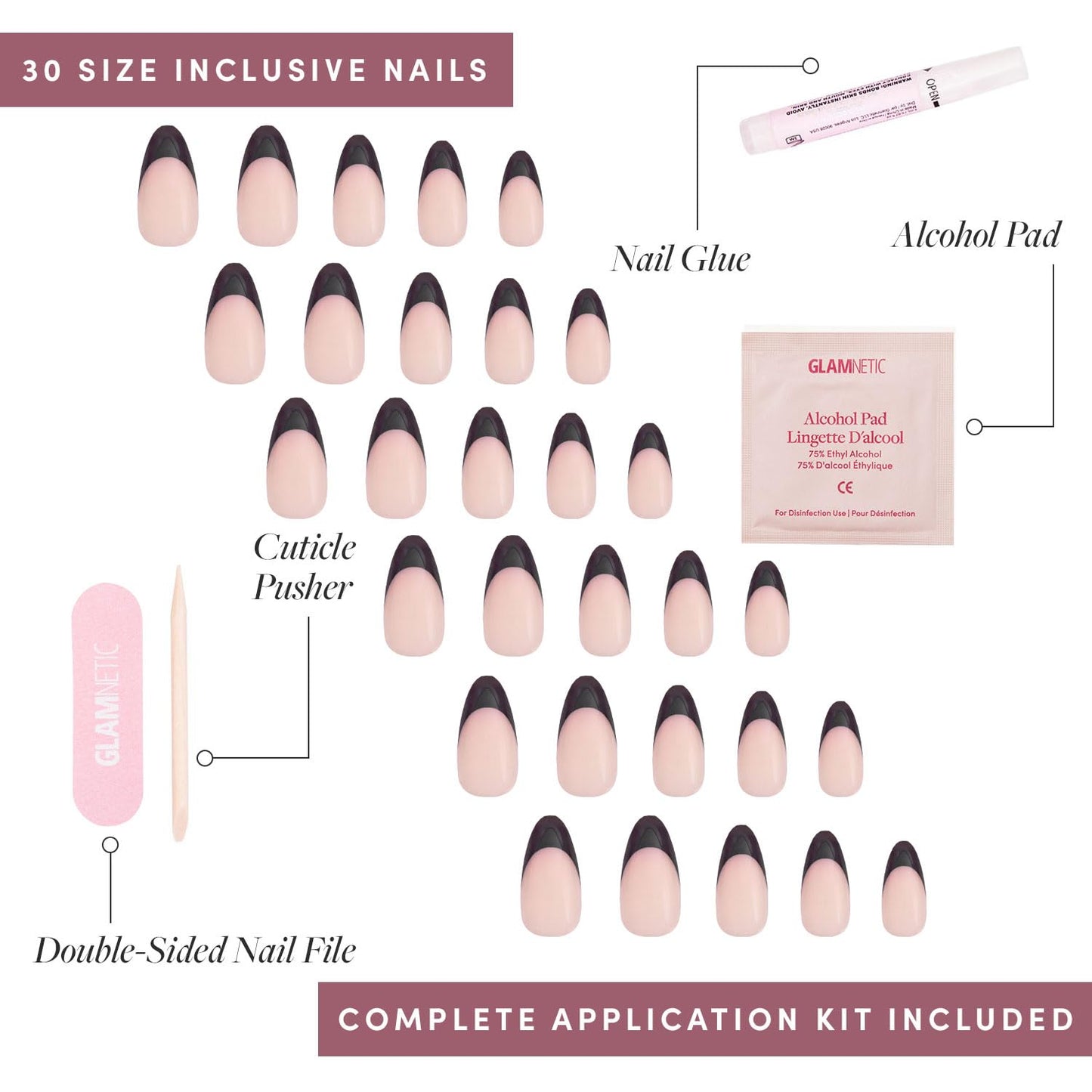 Glamnetic Press-On Nails Bundle - French Lilac, Goal Digger & Caviar | Almond Purple Tips with a Glossy Finish | Natural Round False Nails with Gold Foil | Short Almond Black
