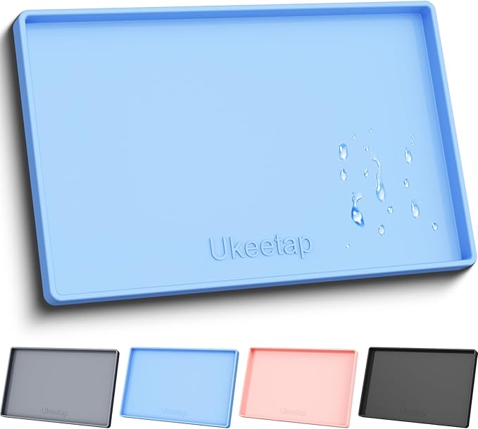 ukeetap Extra Thick Silicone Mat Waterproof with Raised Edge 19â x 12â, BPA Free Non-Slip Dog & Cat Food Mat, Feeding Mat for Food and Water Bowls, Spill Proof Mat to Protect Floors, Blue