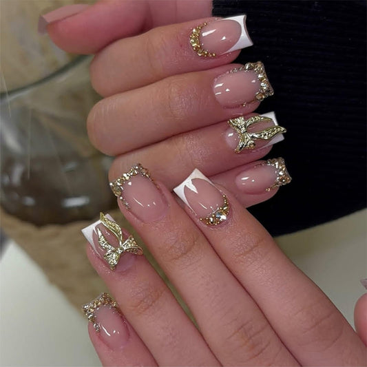 White French Tip Press on Nails Bow Fake Nails with Rhinestone Design Short Square False Nail Glossy Full Cover Reusable Artificial Acrylic Stick on Nail for Women Manicure 24Pcs