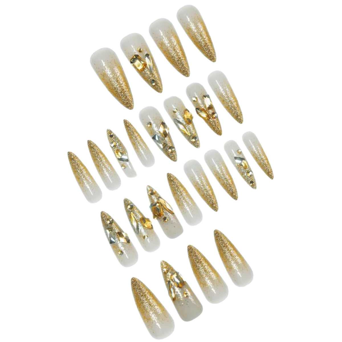 IMSOHOT Golden Press on Nails Long Stiletto Fake Nails Rhinestone & Glitter Full Cover Glue on Nails Glossy Acrylic Luxury Bling False Nails Handmade Artificial Stick on Fingernails