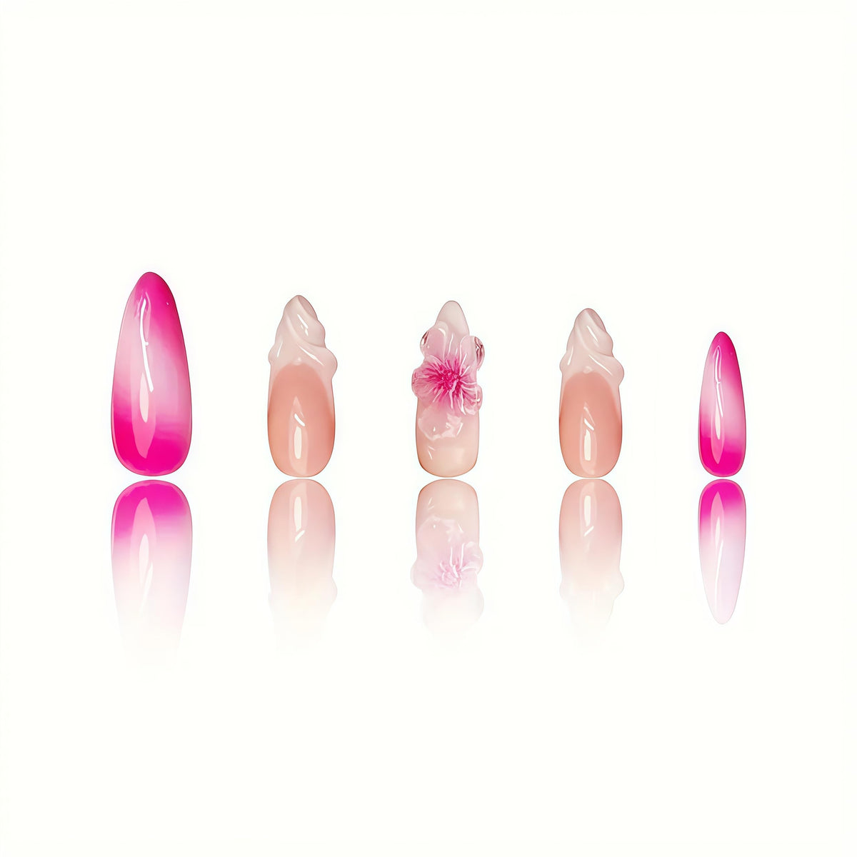 Long Press on Nails Almond Fake Nails Pink Acrylic Nail Press Ons Seeneey 3D Flowers Ombre Stick on Nail for Women 24pcs