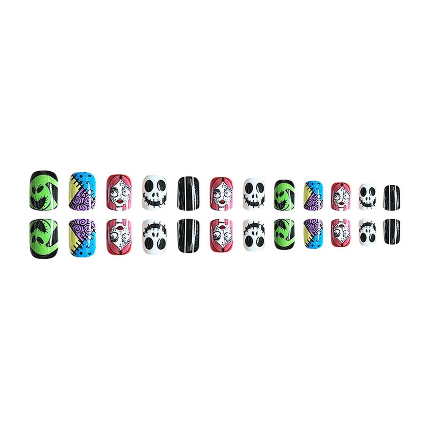 Halloween Press on Nails Square Short Fake Nails with Witch Patch Scary Face Designs Acrylic Stick on Nails Thriller Glue on Nails for Women Girls Party Cool Colorful Manicure24pcs